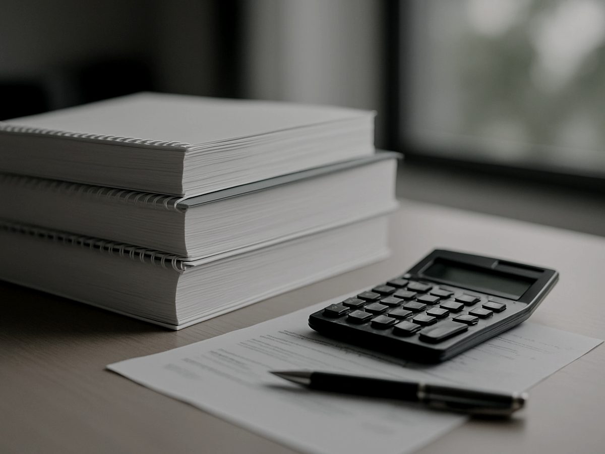 Investment statements, a calculator and a pen on a desk
